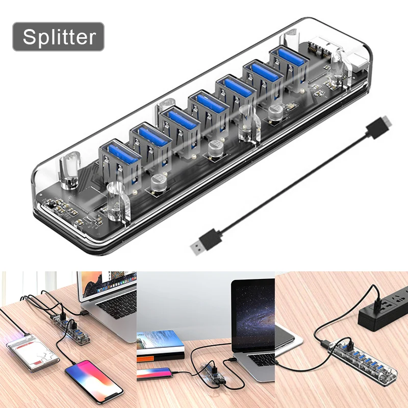 7-портовый прозрачный Рабочий стол Hub USB3.0 жесткий диск для ноутбука преобразователя One Drag Four расширитель JFlyer