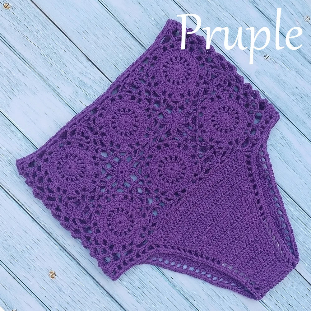 Бикини с высокой талией размера плюс, женские стринги,, вязанные крючком цветы, открытые купальные шорты, бразильский купальник бикини - Цвет: purple bottom