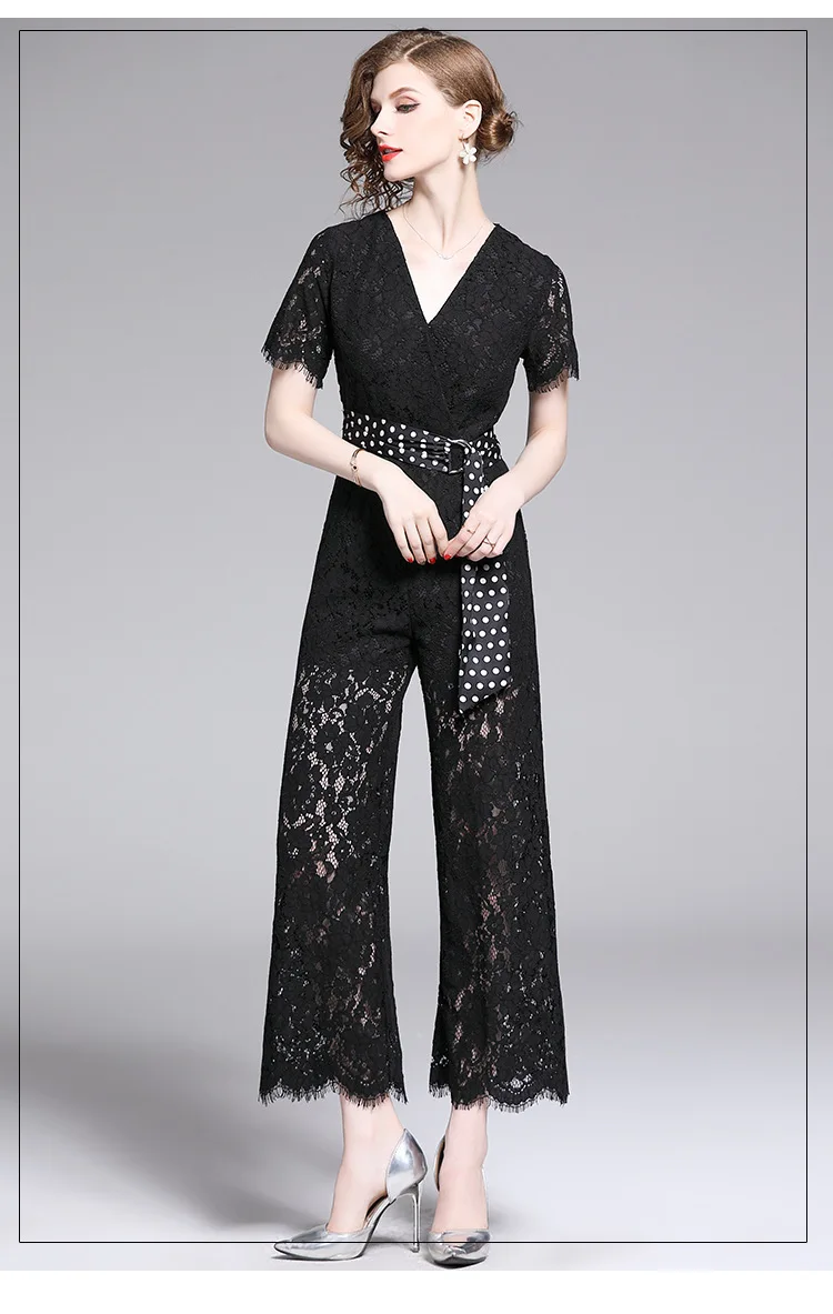 S-xxl Весна Лето женский комбинезон с v-образным вырезом цветочный узор короткий рукав черный белый кружевной комбинезон в горошек пояс модный офисный комбинезон