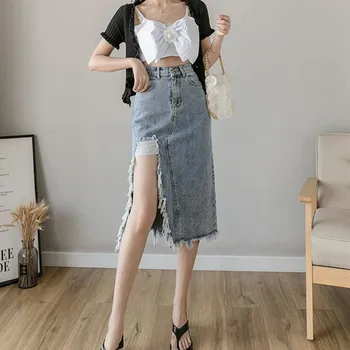 

Womens Skirt Vintage Clothes Denim Ripped Long Skirts Blue Harajuku Summer High Waist Streetwear 2020 The New flowy Fashion