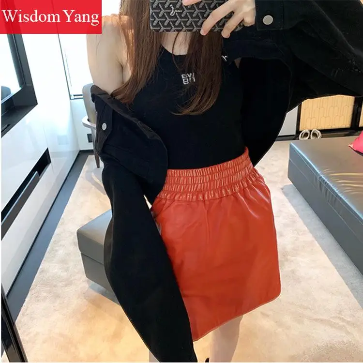 Autumn Winter Real Sheepskin Genuine Leather Skirt Womens Orange Black Mini Pencil Skirts Sexy Club Ladies Korean Wrap Skirts