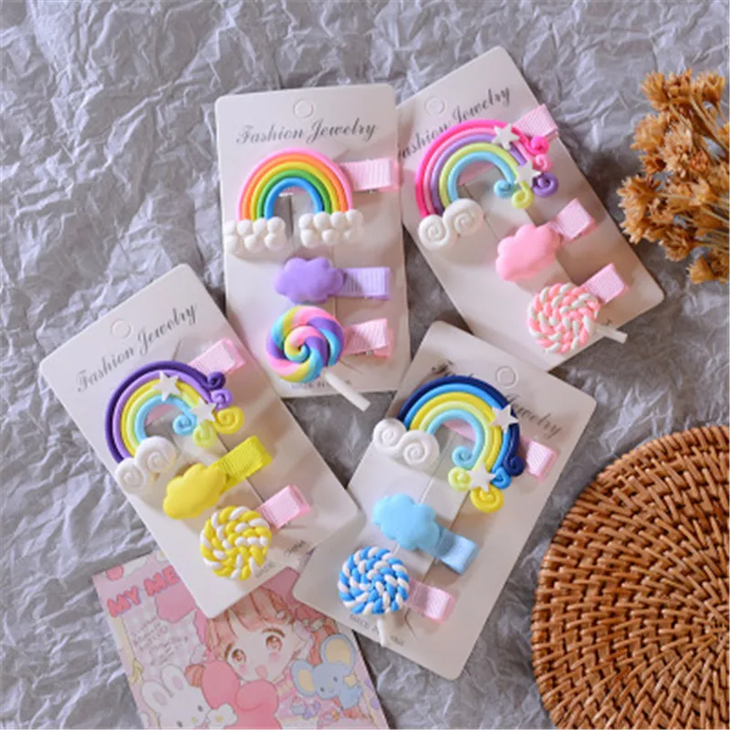 3Pcs/Set Baby Girls Hair Clips Cartoon Cloud Lollipop Rainbow Silicone Hairpins Bobby Pin Kids Accessories Ornament | Детская одежда и