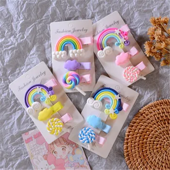 

3Pcs/Set Baby Girls Hair Clips Cartoon Cloud Lollipop Rainbow Silicone Hairpins Bobby Pin Girls Kids Hair Accessories Ornament