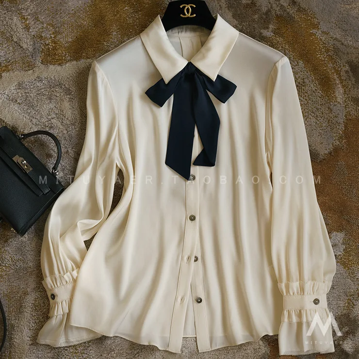 Apricot Chiffon Ladies Blouse Contrast Bow Tie