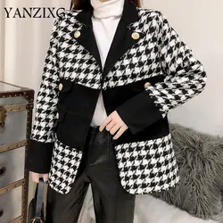 2019 дикие корейские темпераментные Зимние новые клетчатые твидовые сшитые тонкие с длинными рукавами теплые лацканы костюм куртка женская