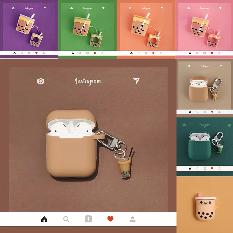 

Dinosaur Bubble Tea Key Ring Case Cover For Apple Airpods Earphone Cases Soft Silicone Bluetooth Headphone Bag Air Pods Lanyard