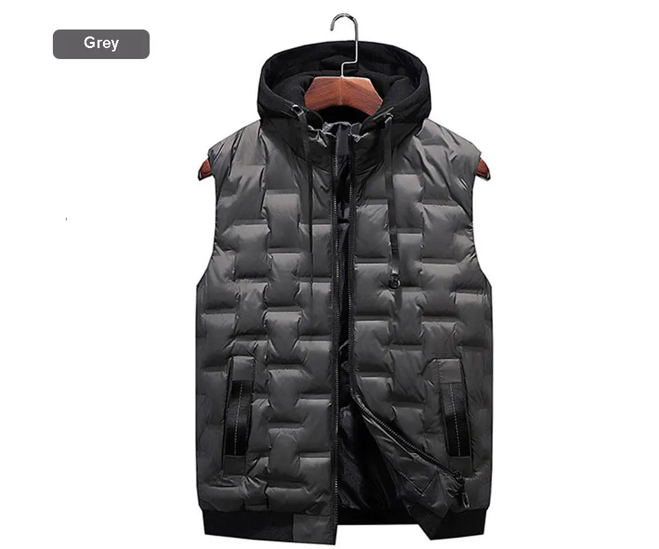 Зимняя мужская куртка без рукавов с капюшоном, повседневная мужская жилетка без рукавов, черный хлопковый толстый 4XL мужской жилет, куртка Chalecos Casaco - Цвет: Grey