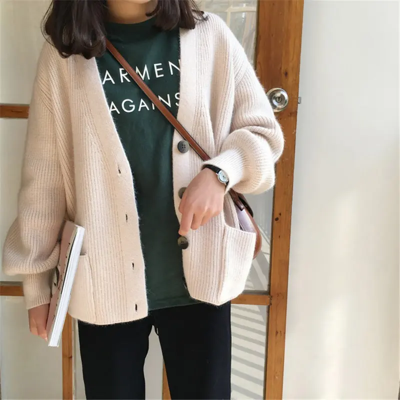 

Chic Korea Thick Loose All Match Casual Gentle Spring Autumn Elegant Regular Cardigans Full-Sleeved Solid Sweaters