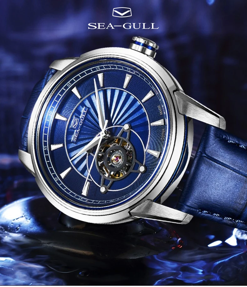 Seagull, деловые часы, мужские механические часы, синие, простые, 30 метров, водонепроницаемые, с кожаной пряжкой, деловые мужские часы 219,32, 1014k