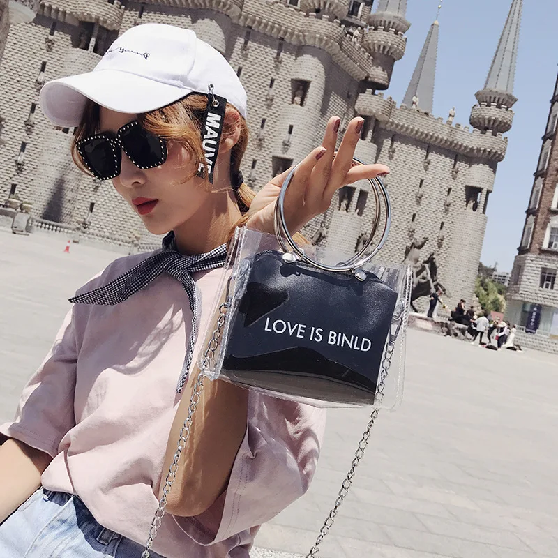 

2019 New Style Circular Ring Hand Laser Bag Korean-style Transparent Square Sling Bag Chain Different Size Bags Shoulder WOMEN'S