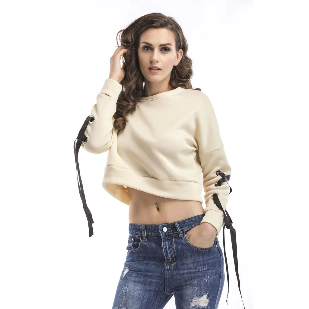 

Women Bowknot Long Sleeve Hoodies Round Neck Crop Tops Solid Color Short Sweatshirts Spring Outfits Fashion Plus Size#J30