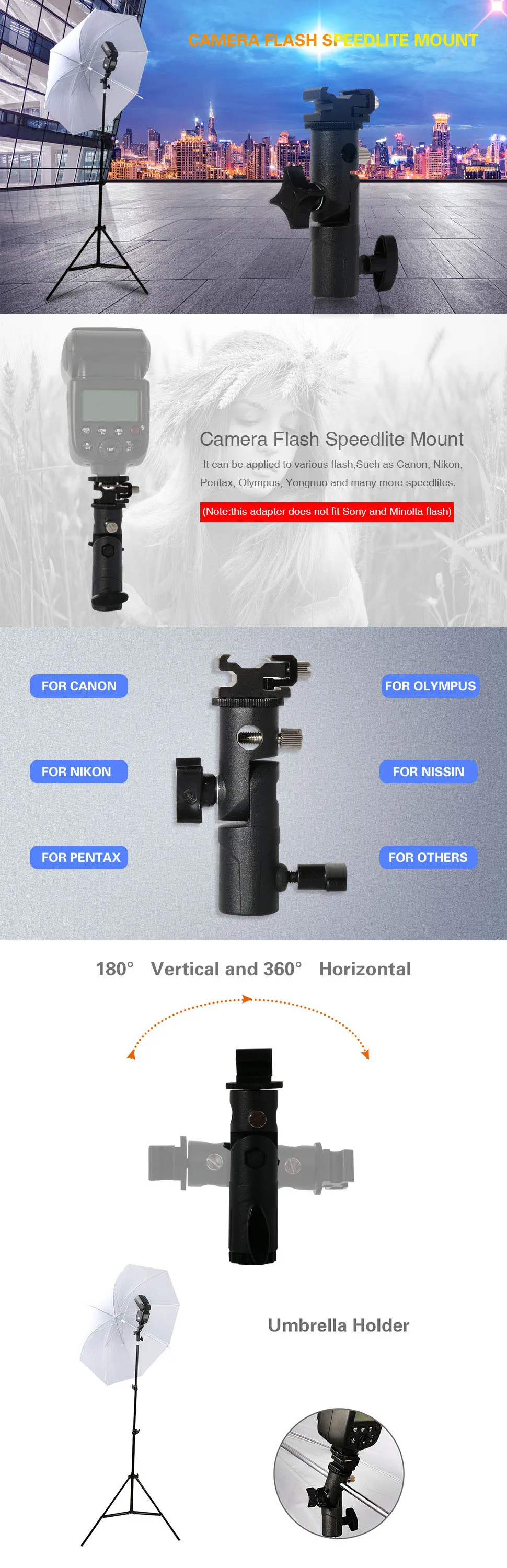 Description Picture 2 of itemCamera Flash Speedlite Mount Swivel Light Stand Bracket with Umbrella Reflector Holder for Iconic Brand nikon yongnuo godox