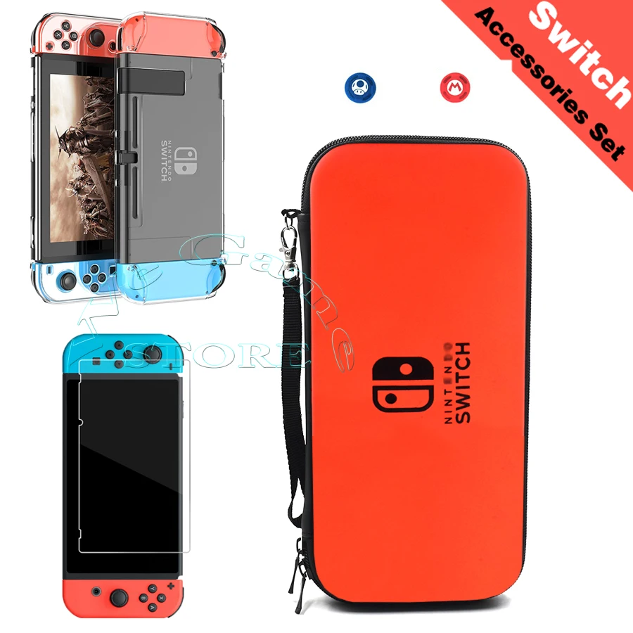 

5 in 1 Nintendos Nintend Switch Accessories Bag Set with Crystal Shell Case & Screen Glass Protector & Joycon Thumbstick Caps