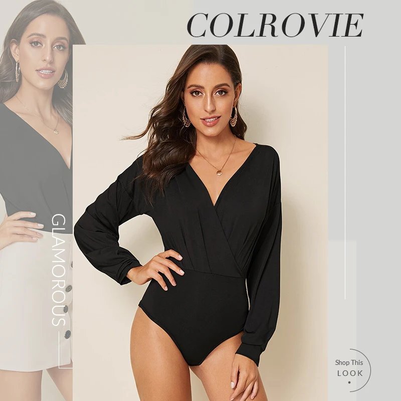 COLROVIE Solid Surplice V-neck Skinny Bodysuit Women Long Sleeve Minimalist Black Bodysuit Autumn Casual Sexy Bodysuits