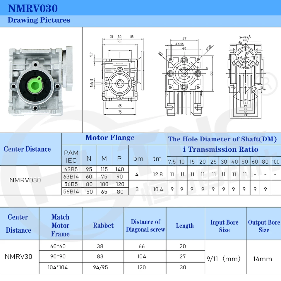 Sebességcsökkentő Féreg Motoros Hajtómű Rv030 14Mm Kimenet 5: 1-80: 1