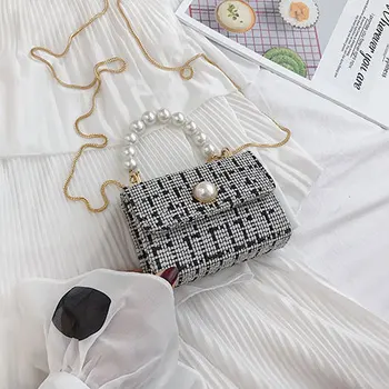 

Literary style women's small square bag fashion pearl handle handbag sweet lady wild texture chain shoulder messenger bag