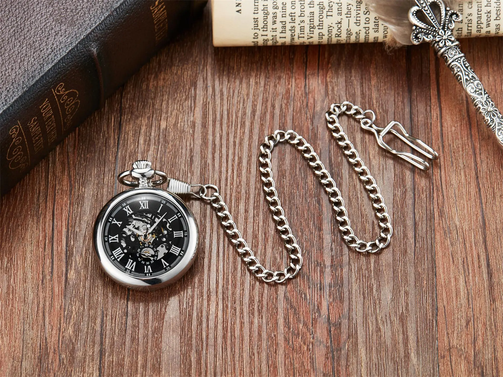 Gorben Mechanical Pocket Watch Men Bronze Skeleton Mechanical FOB Chain Necklace Clock Male Reljo Clock