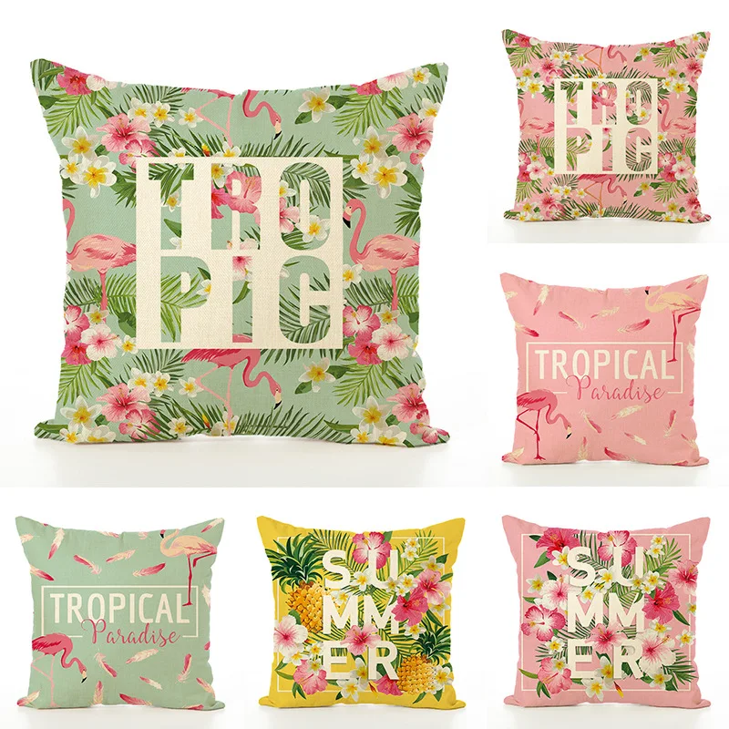

Fire Linen Printed Pillow Sofa Cushion Car Pillowcase Garden Pillow Decorative Pillows Pineapple Green Leaf Flamingo Plillow C