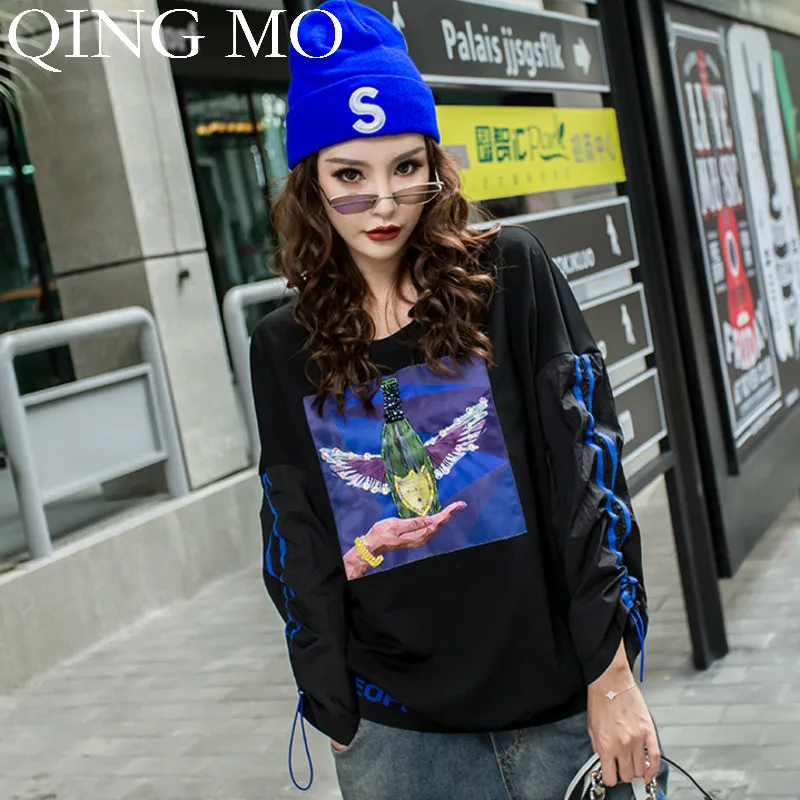 QING MO, модный бренд, индивидуальный принт, толстовка с завязками, женская, осенняя, элегантная, толстовка,, мода ZQY1620