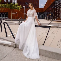 Sumnus Bohemian Wedding Dresses Dot Tulle O Neck Flare Short Sleeves Bridal Gowns Beach Lace Wedding Gowns 2022