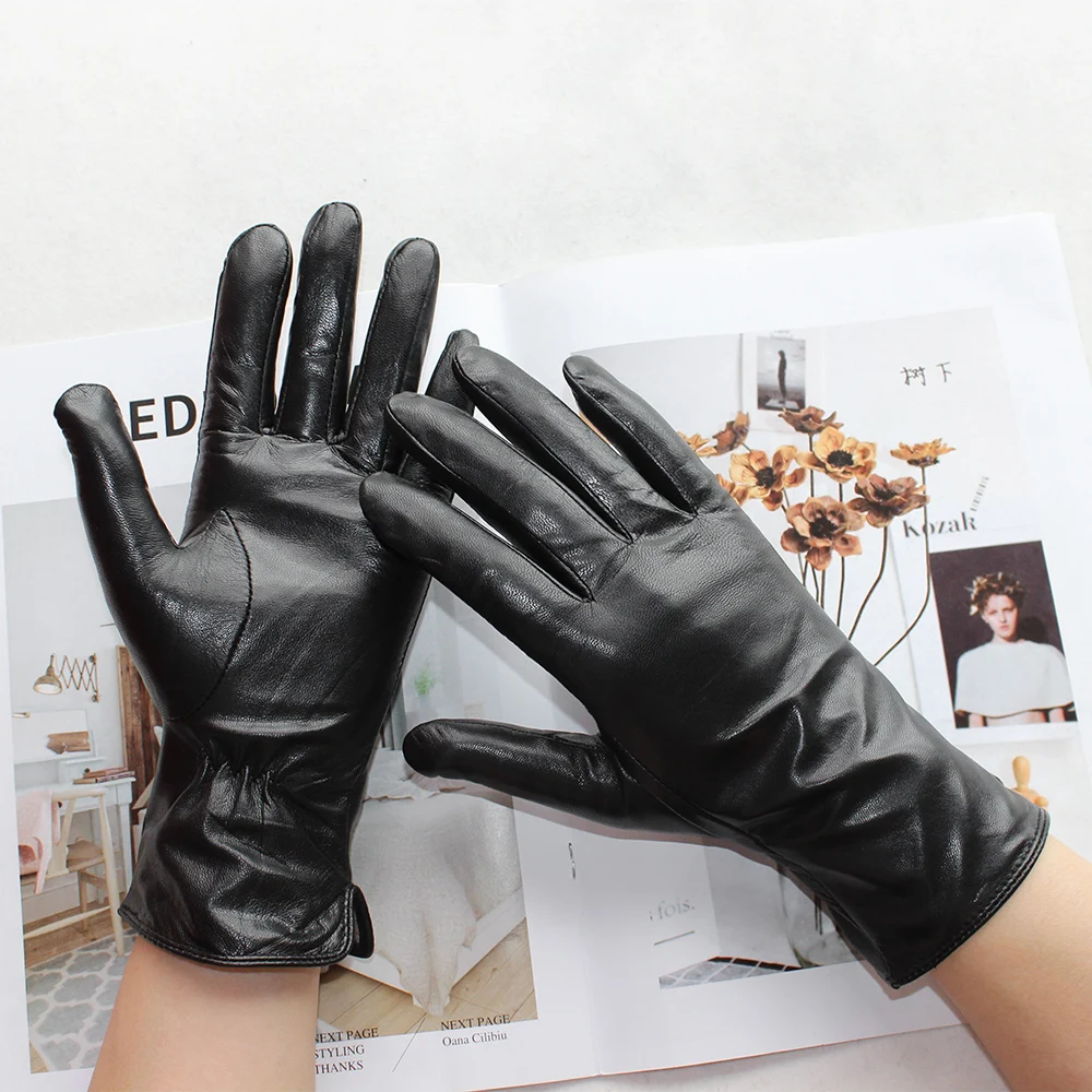 New Woman's Black Leather Gloves Fashion High Quality Imported Goat Leather Gloves Short Two Styles To Keep Warm In Winter