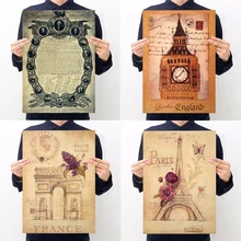 

Vintage paris tower big ben arc de triomphe declaration of independence wall stick retro poster decor painting 35*51cm
