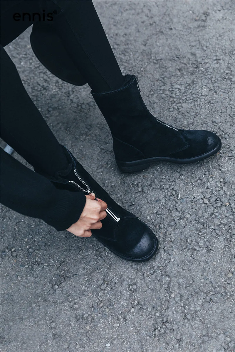 ENNIS/Брендовые женские зимние ботинки женские ботинки в стиле ретро на низком каблуке обувь из натуральной кожи модные теплые ботинки на молнии цвета хаки, черного цвета Новинка, A9244