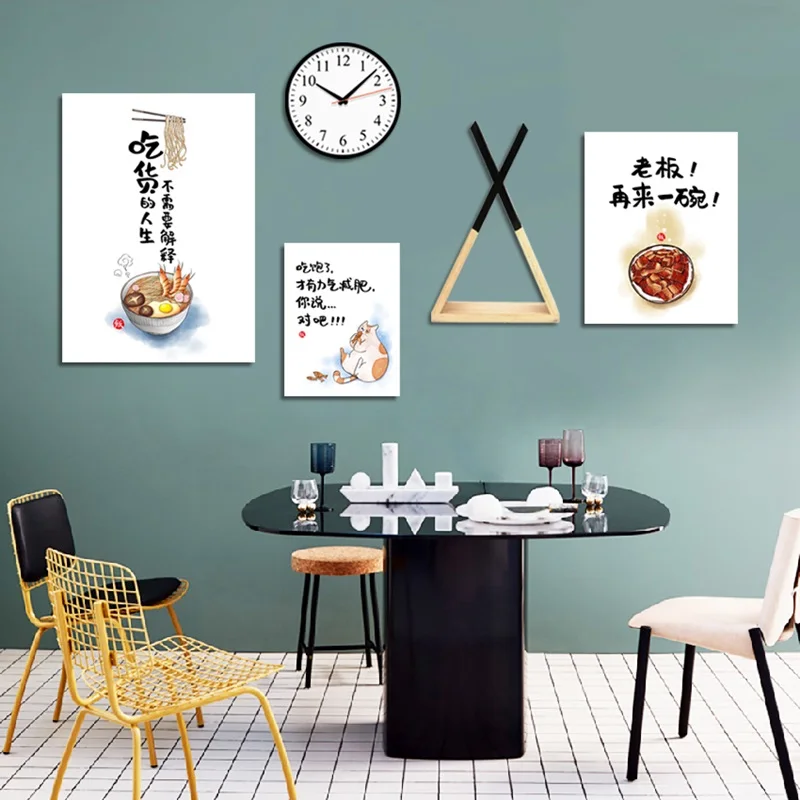 Cartoon Cute Cat And Food Illustration Poster Chinese Word Canvas Painting For Kitchen Home Wall Art Modern Decor | Дом и сад