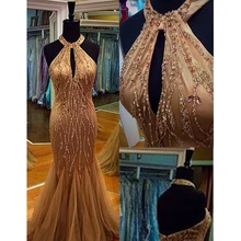 Блестящие платья для выпускного вечера с тяжелыми бусинами цвета шампанского,, Настоящая модель, платье русалки с бретелькой через шею, платья для выпускного с бусинами с замочной скважиной, вечерние платья