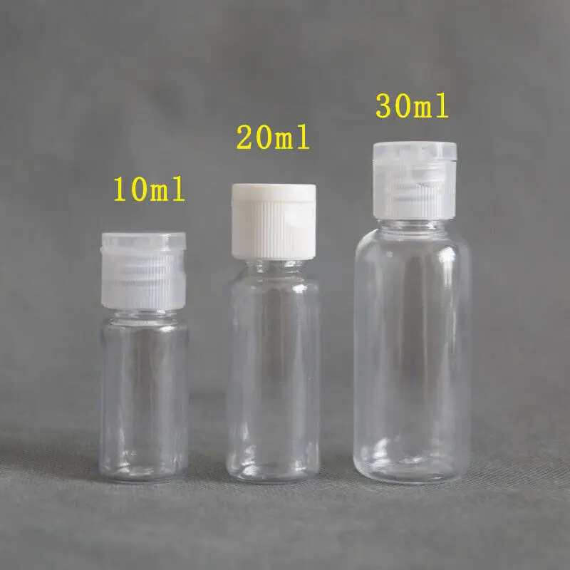

5PCS (5ml/10ml/20ml/30ml) Plastic Travel Lotion Bottle Shampoo Sample Transparent Containers with Clear White Flip Caps