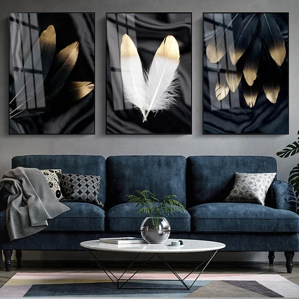 Nordic fashion art plant canvas painting golden leaf feather poster office wall painting living room home decoration mural