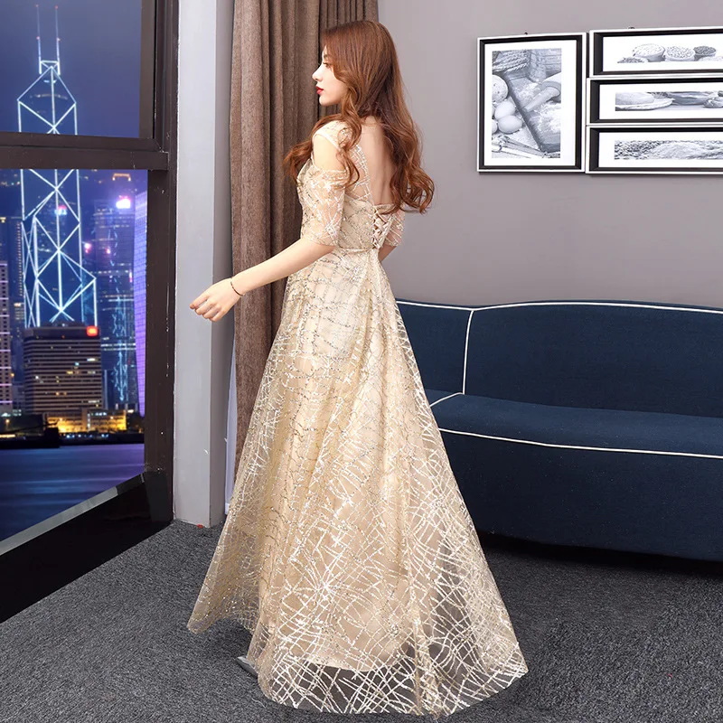 It's Yiiya Champagne Shiny Glitter Evening Dress Sexy V-neck Formal Dresses Robe De Soiree Elegant Women Party Gown K195