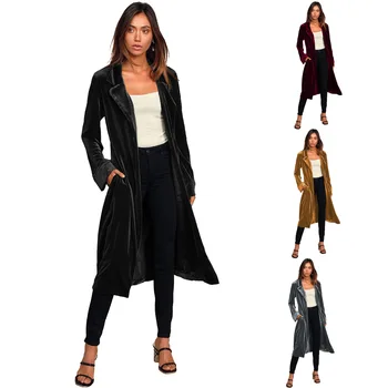 

WOMEN'S Dress Spring Autumn New Style Coat Overcoat Gold Velvet Long Trench Coat Cardigan Open Stitch Long Coat 2020