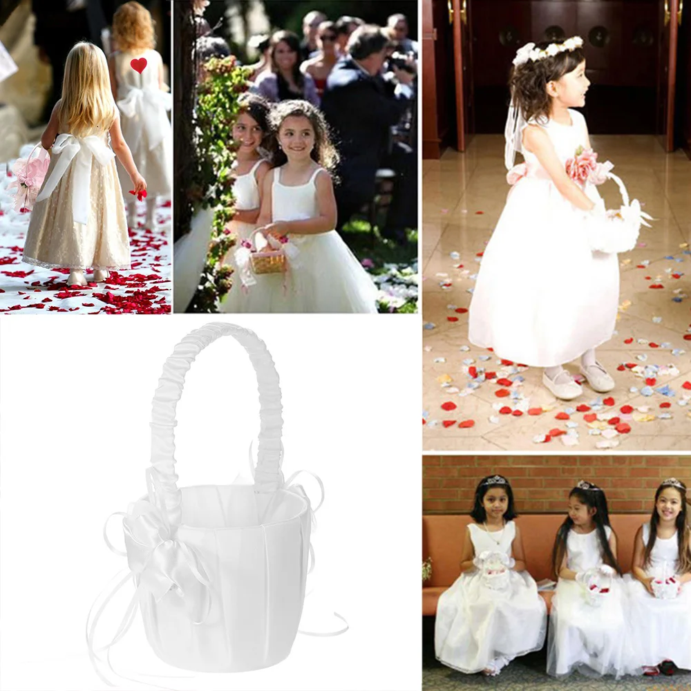 

White Wedding Basket Flower Girl Basket Party Decoration Love Case Satin Burlap Bowknot Girl Basket Wedding Party Supplies