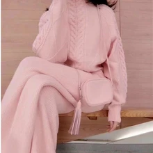 

Women's Suit New Style Autumn Winter Kintted Set Hemp Pattern Sweater + Fashion Wide Leg Pants Two-Piece Suit