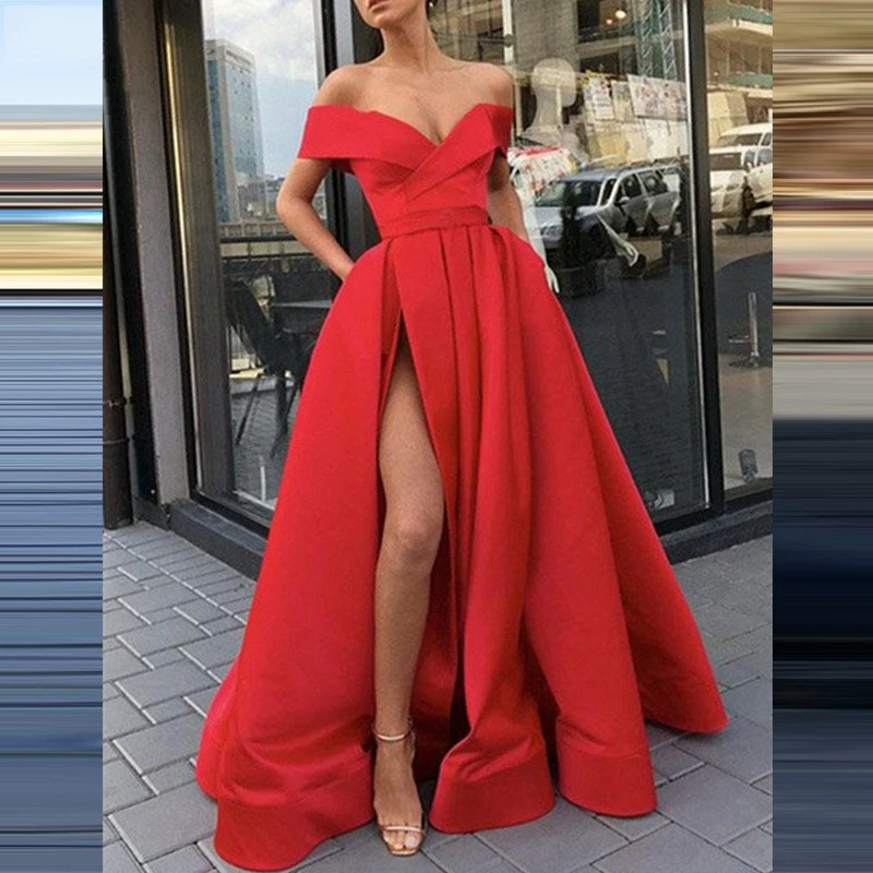 Fashion High Slit Women Party Dress Clubwear Elegant Solid Strapless Backless Maxi Dress New Sexy Fluffy Ruffle Hem A-Line Dress occasion dresses