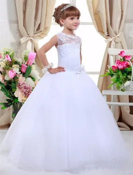 

White Ivory Sheer Lace Appliques Ball Gown Beautiful Little Girl Flower Girl Dress For Wedding Party First Communion Gown