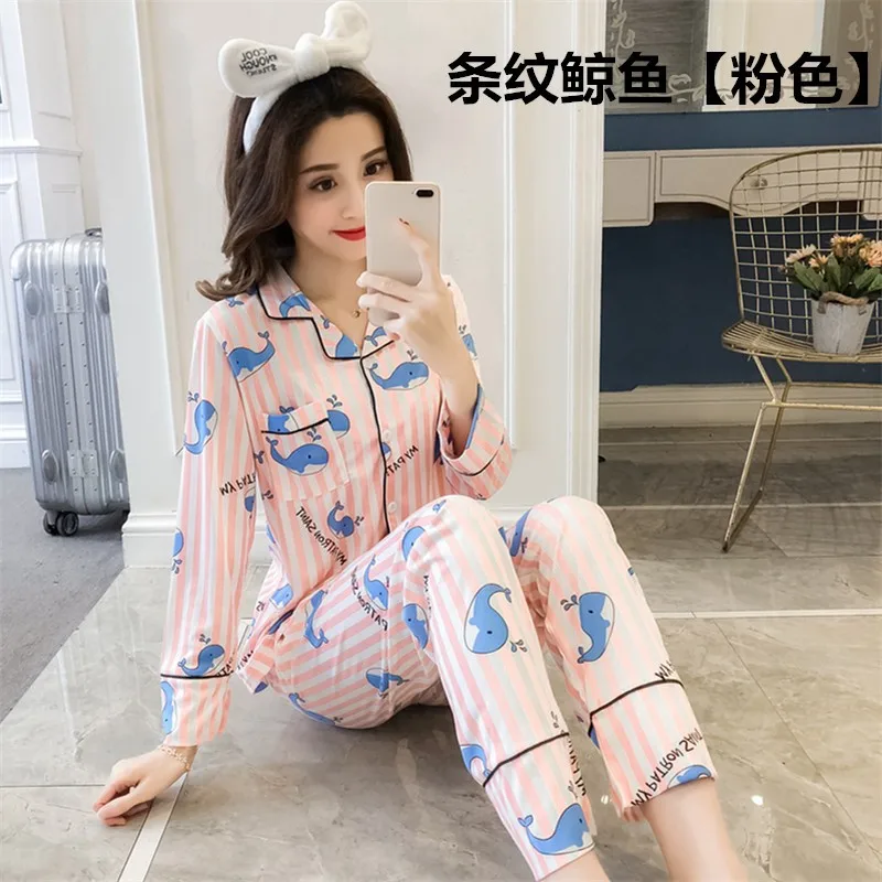 

Chun mian Women's Spring And Autumn Cartoon Whale Pajamas Korean-style Fold-down Collar Cardigan WOMEN'S Tracksuit Long Sleeve-S