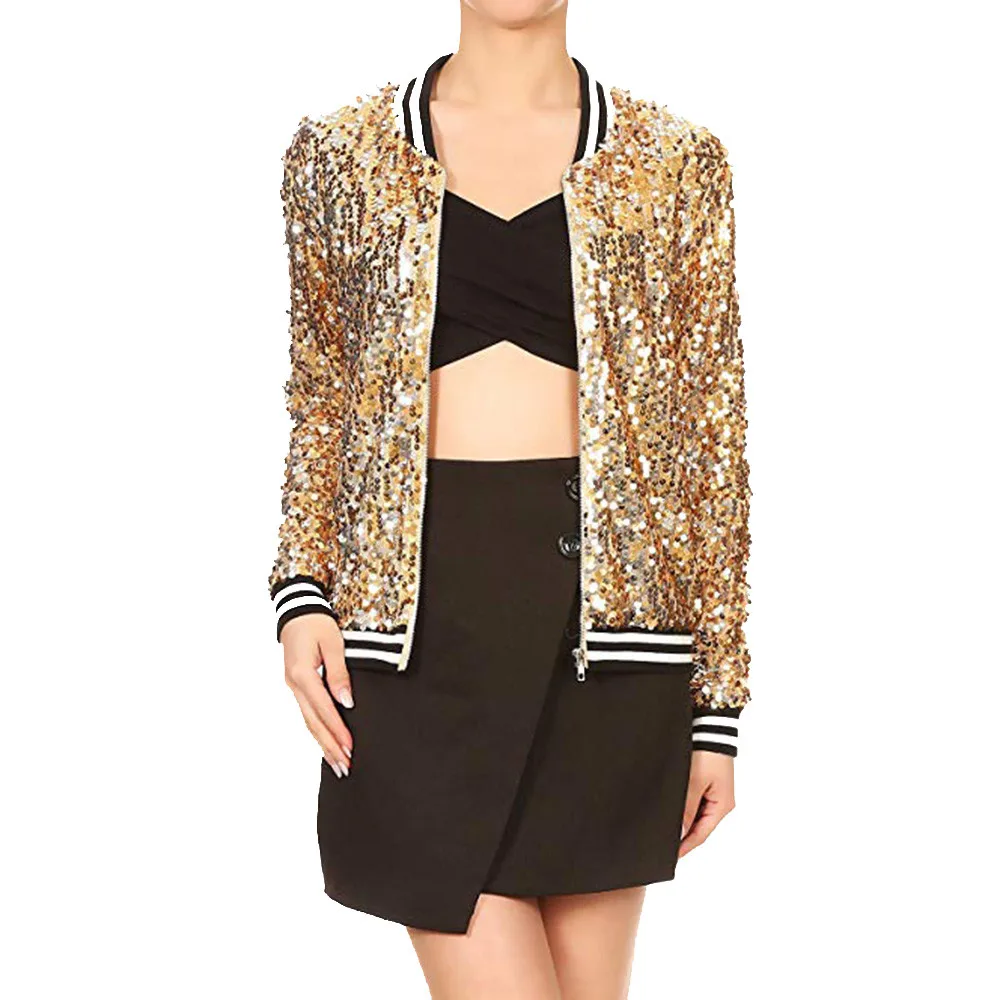 amazing  2019 Spring Autumn Women Sequin Bomber Jacket Long Sleeve Front Zip Jacket with Ribbed Cuffs Coats 