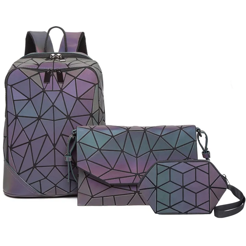 Светящийся набор, женский рюкзак, стеганый, в клетку, школьные рюкзаки для девочек-подростков, школьные сумки, голографические, Mochila, клатч, кошелек - Цвет: backpack clutch 3pcs