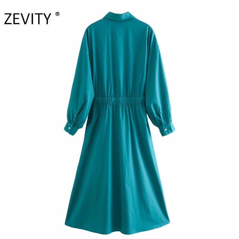 ZEVITY women vintage solid color lantern sleeve casual loose shirt dress female pleat drawstring bow vestido chic dresses DS4441