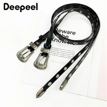 

Deepeel 1pc 1.8*105cm Fashion Retro Women's Belt Alloy Carved Pin Buckle Geniune Leather Hollow Girdle Jeans Pants Punk Decor