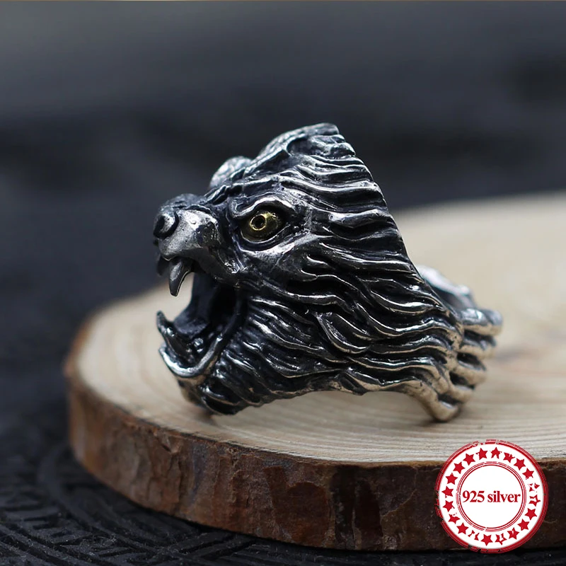 

S925 sterling silver men's open ring personality classic vintage series domineering lion styling to send lover Jewelry gift