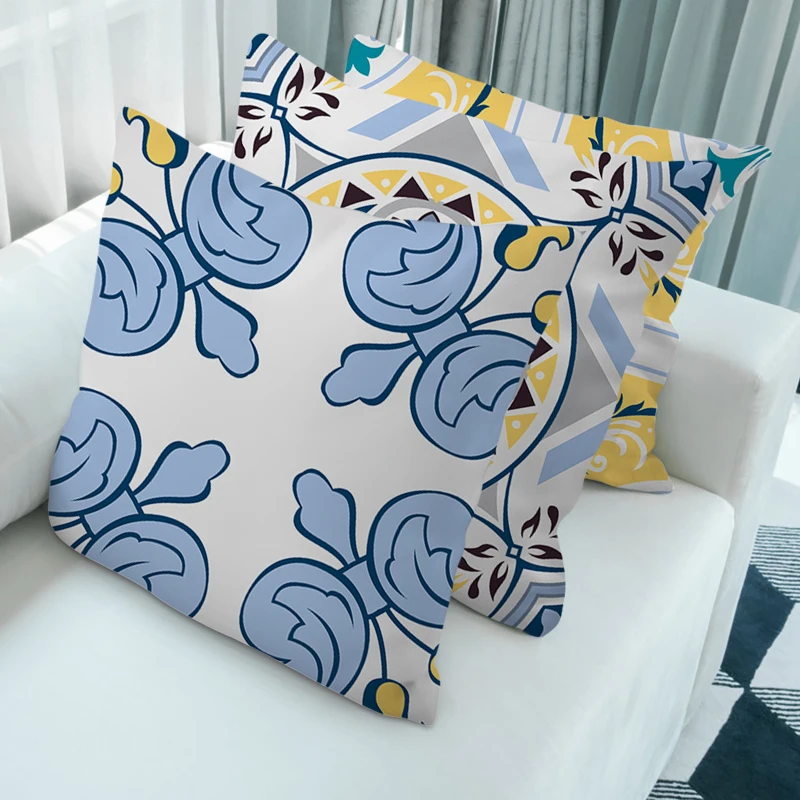 

Geometric Cushion Cover Blue and Yellow Polyester Peachskin Home Throw Pillow Case Flower Pattern Geometric Art Cushion Cover