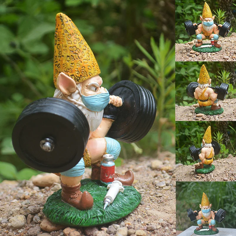 NEW Weightlifting Garden Gnome Statue Strong Man Muscular Dwarf with White Beard Wearing Face Cover Resin Elf Home Decor | Дом и сад