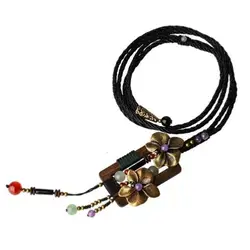 Ретро дерево чип ожерелье с раковинами Цветок Кулон Свитер Цепочка ручная работа дизайн ожерелье