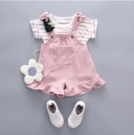 pink Детская летняя одежда для маленьких девочек полосатый топ, шорты на бретельках, комплект для новорожденных, одежда для маленьких девочек одежда для первого дня рождения крутые комплекты - Цвет: pink