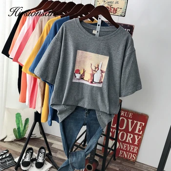 

Hirsionsan Abstract Printed Cotton T Shirt Women 2020 New Vintage Harajuku Aesthetic Soft Female Tees Plus Size Short Sleeve Top