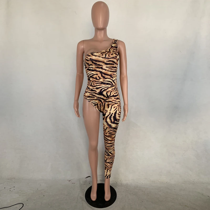 Yellow Женские спортивные длинные вечерние комбинезоны с принтом Cheetah, элегантные Обтягивающие Комбинезоны на одно плечо, сексуальные женские комбинезоны для ночного клуба, дропшиппинг - Цвет: Yellow