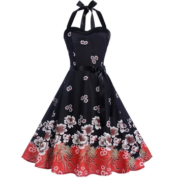 

2019 New Women Vintage Dress Summer Sleeveless Halter Sexy Party Dresses Elegant Belt Tunic Plus Size Floral Print Sundress
